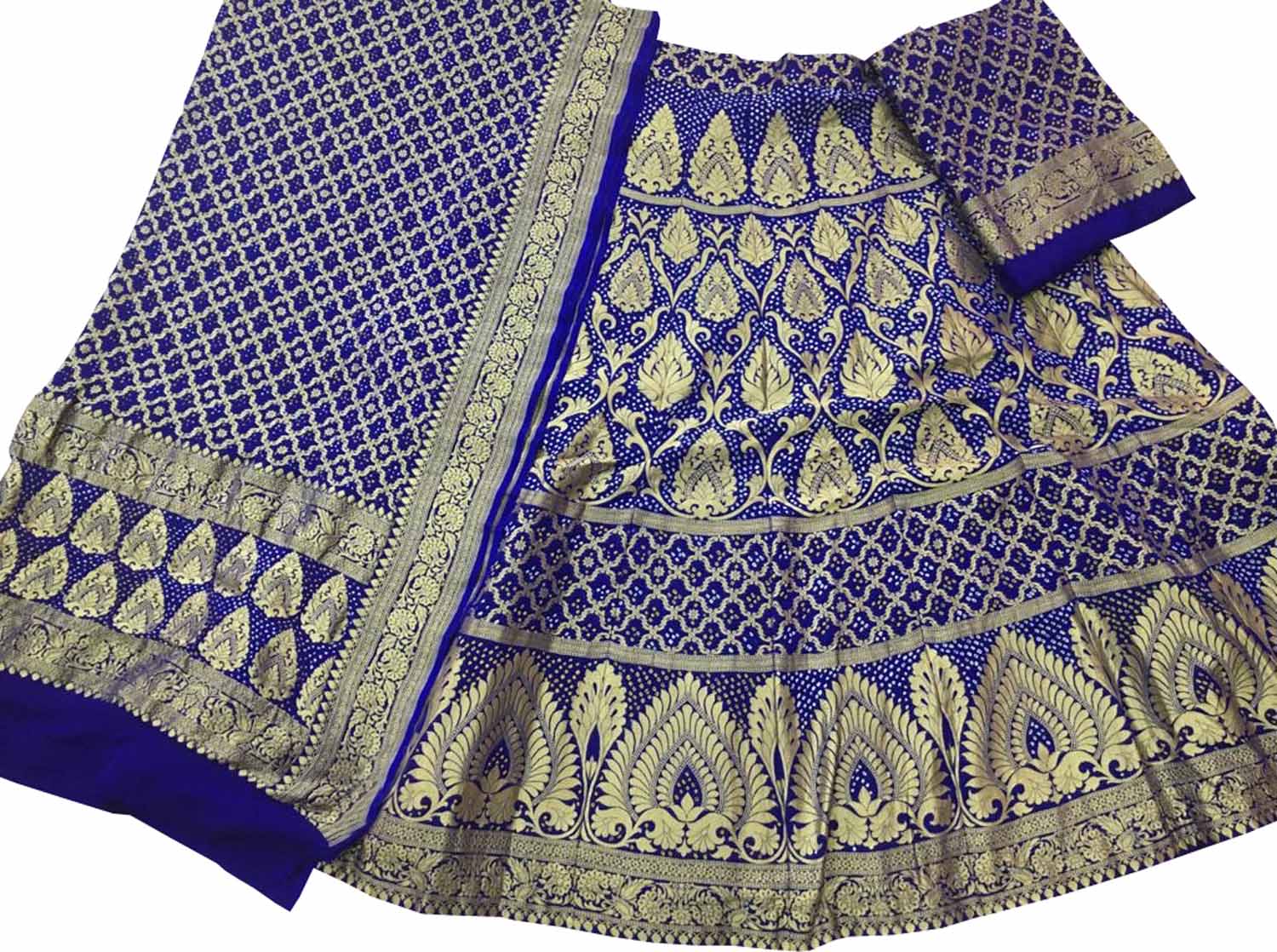 Blue Banarasi Bandhani Pure Georgette Semi Stitched Lehenga - Luxurion World