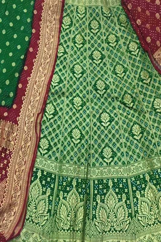Green And Maroon Banarasi Bandhani Pure Georgette Semi Stitched Lehenga - Luxurion World