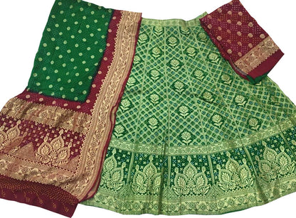 Green And Maroon Banarasi Bandhani Pure Georgette Semi Stitched Lehenga - Luxurion World