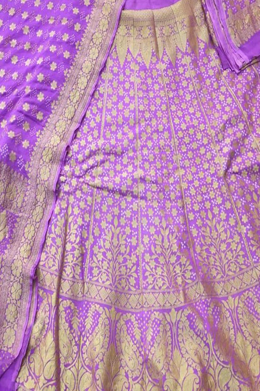 Purple Banarasi Bandhani Pure Georgette Semi Stitched Lehenga - Luxurion World