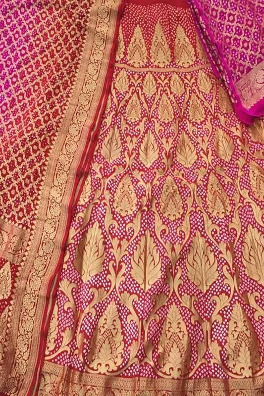 Red And Pink Banarasi Bandhani Pure Georgette Semi Stitched Lehenga