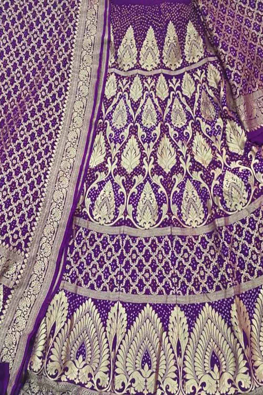 Purple Banarasi Bandhani Pure Georgette Semi Stitched Lehenga - Luxurion World