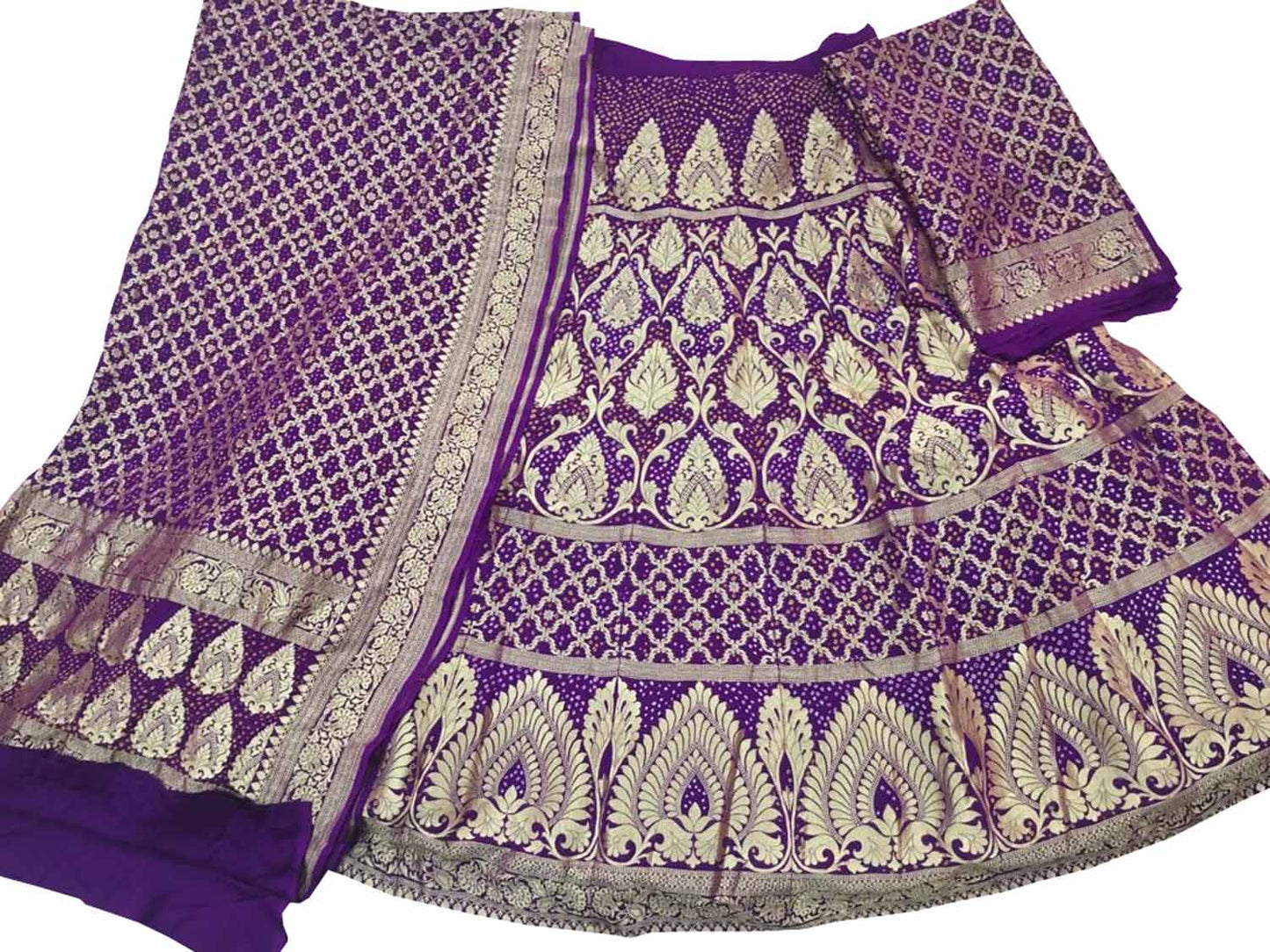 Purple Banarasi Bandhani Pure Georgette Semi Stitched Lehenga - Luxurion World