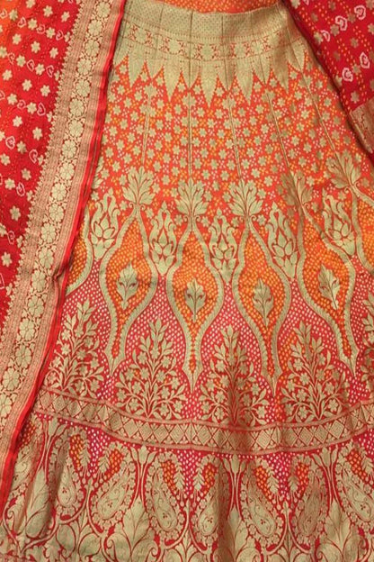 Orange And Red Banarasi Bandhani Pure Georgette Semi Stitched Lehenga - Luxurion World