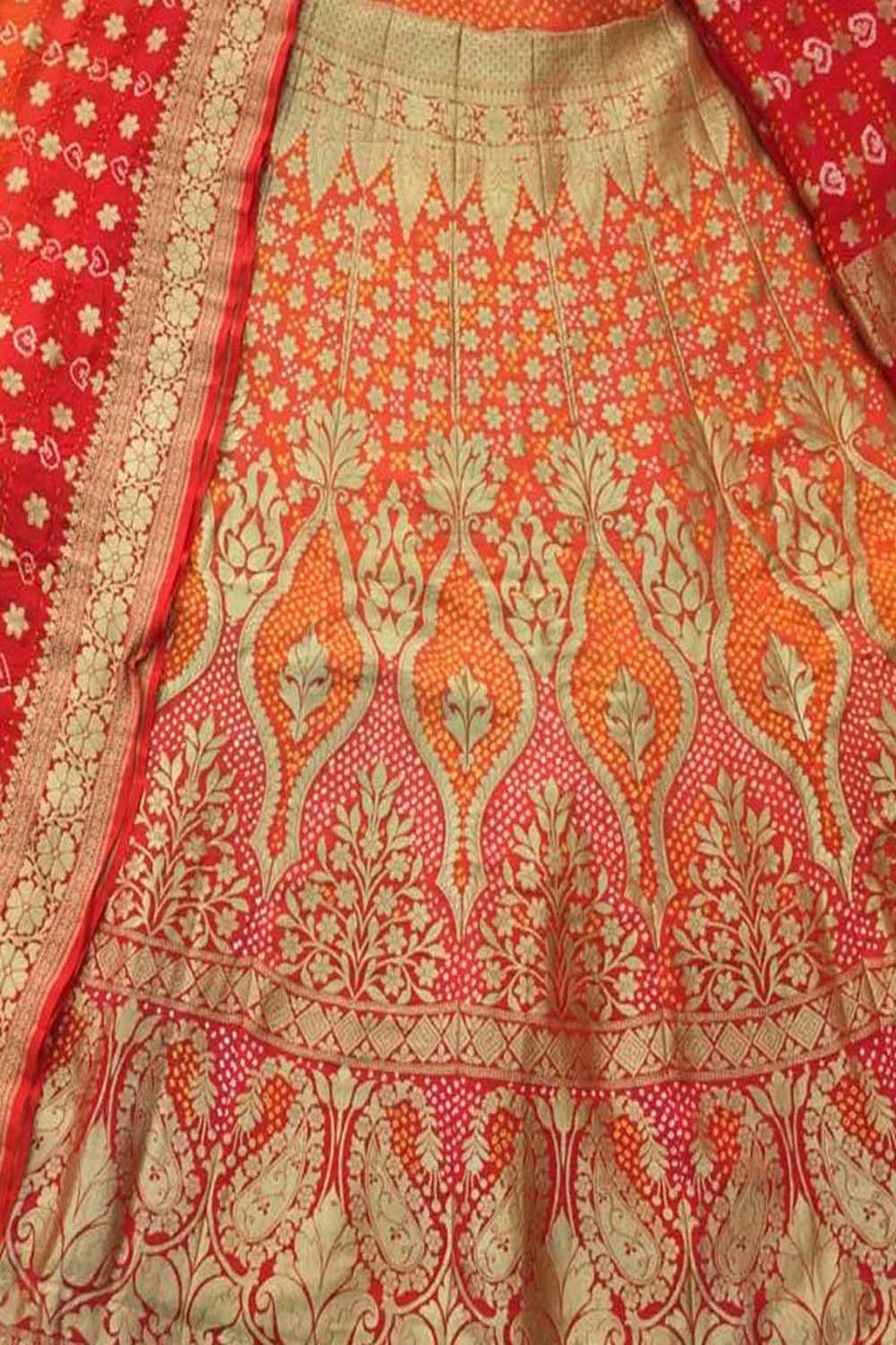 Orange And Red Banarasi Bandhani Pure Georgette Semi Stitched Lehenga - Luxurion World