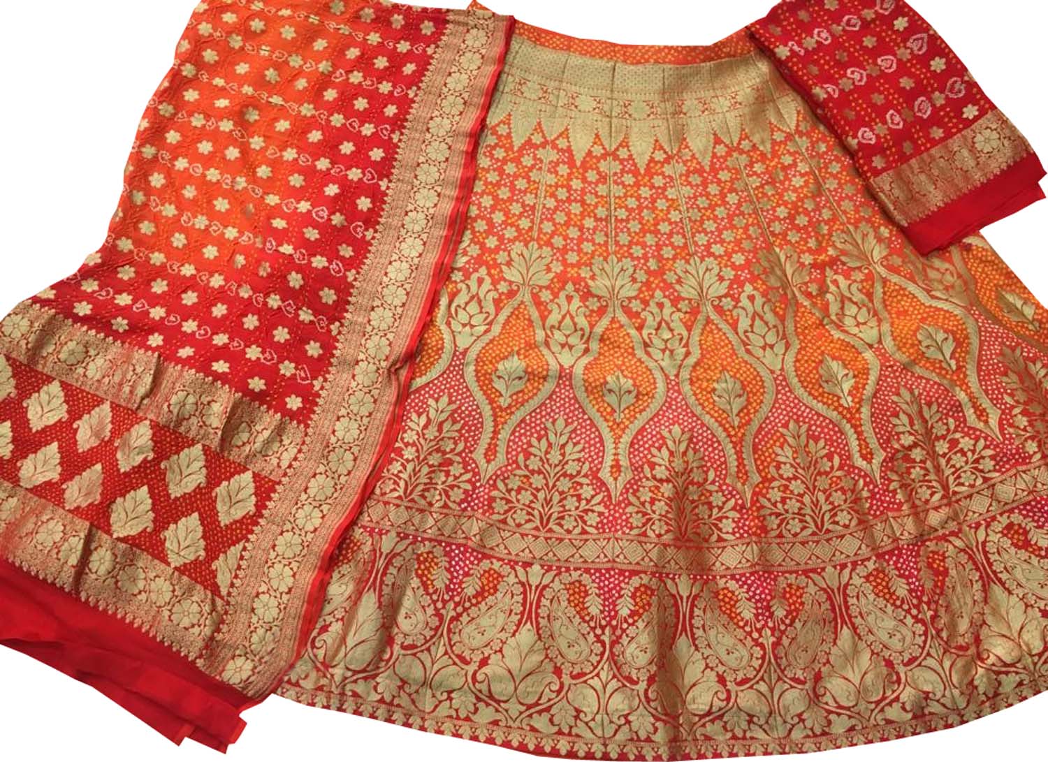 Orange And Red Banarasi Bandhani Pure Georgette Semi Stitched Lehenga - Luxurion World