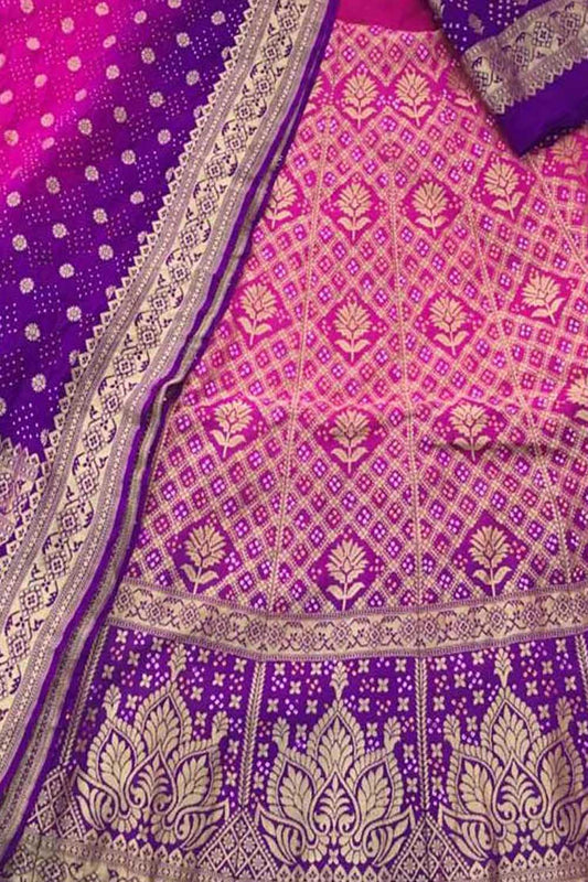 Pink And Purple Banarasi Bandhani Pure Georgette Semi Stitched Lehenga - Luxurion World