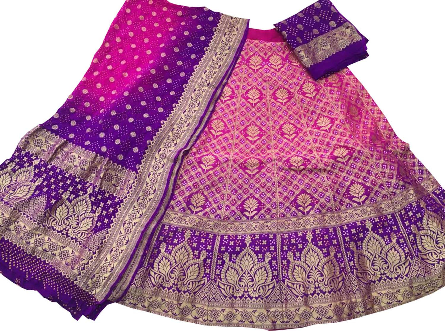 Pink And Purple Banarasi Bandhani Pure Georgette Semi Stitched Lehenga - Luxurion World