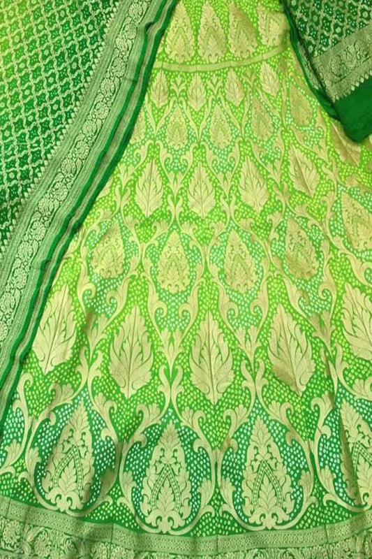 Green Banarasi Bandhani Pure Georgette Semi Stitched Lehenga - Luxurion World