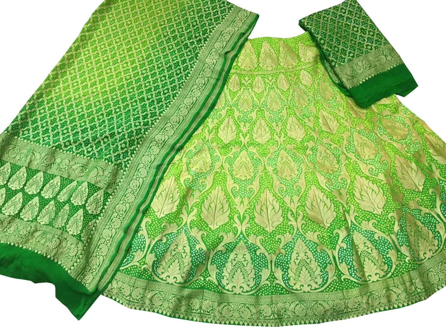 Green Banarasi Bandhani Pure Georgette Semi Stitched Lehenga - Luxurion World