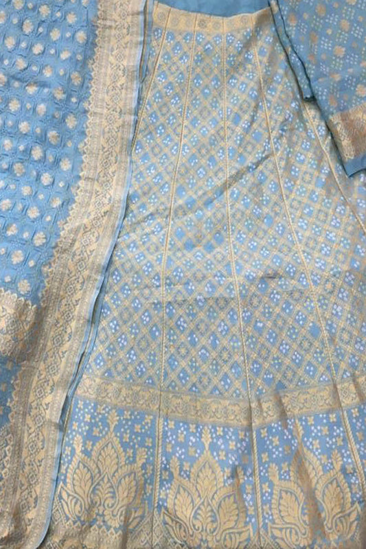 Blue Banarasi Bandhani Pure Georgette Semi Stitched Lehenga