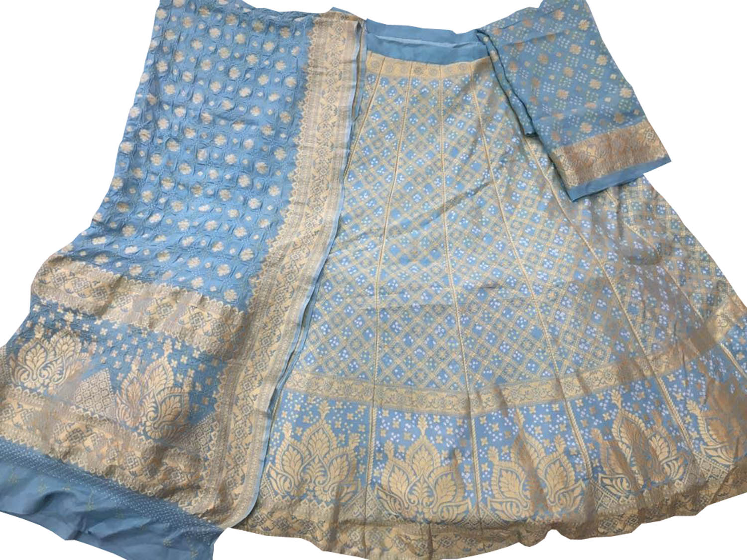 Blue Banarasi Bandhani Pure Georgette Semi Stitched Lehenga - Luxurion World