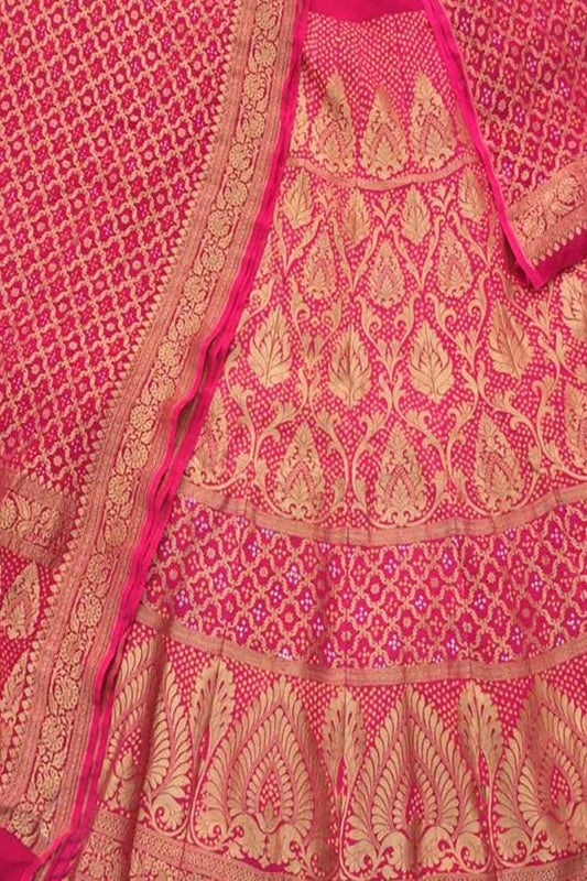 Pink Banarasi Bandhani Pure Georgette Semi Stitched Lehenga - Luxurion World