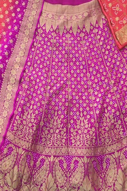 Pink Banarasi Bandhani Pure Georgette Semi Stitched Lehenga - Luxurion World