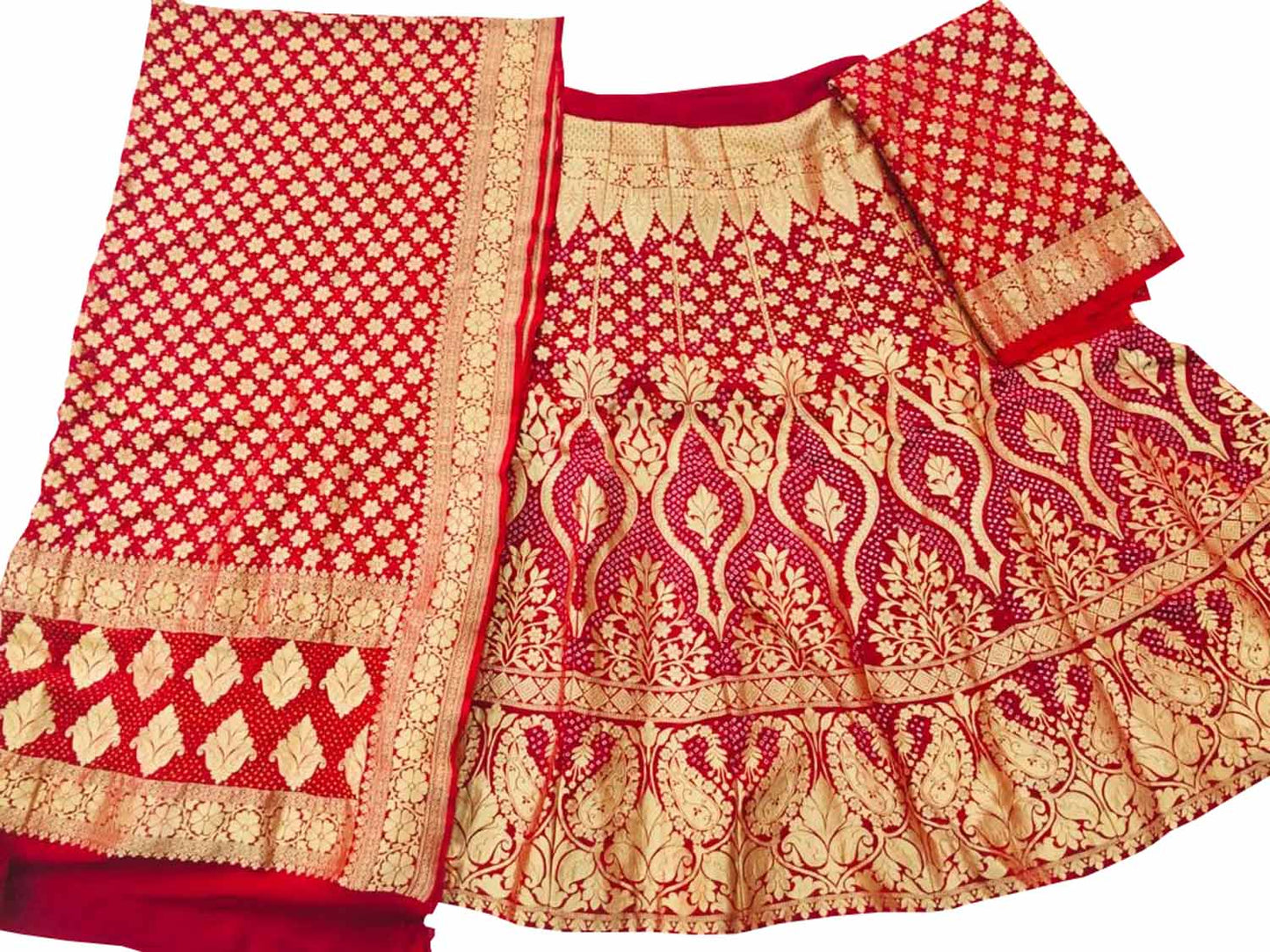 Red Banarasi Bandhani Pure Georgette Semi Stitched Lehenga - Luxurion World
