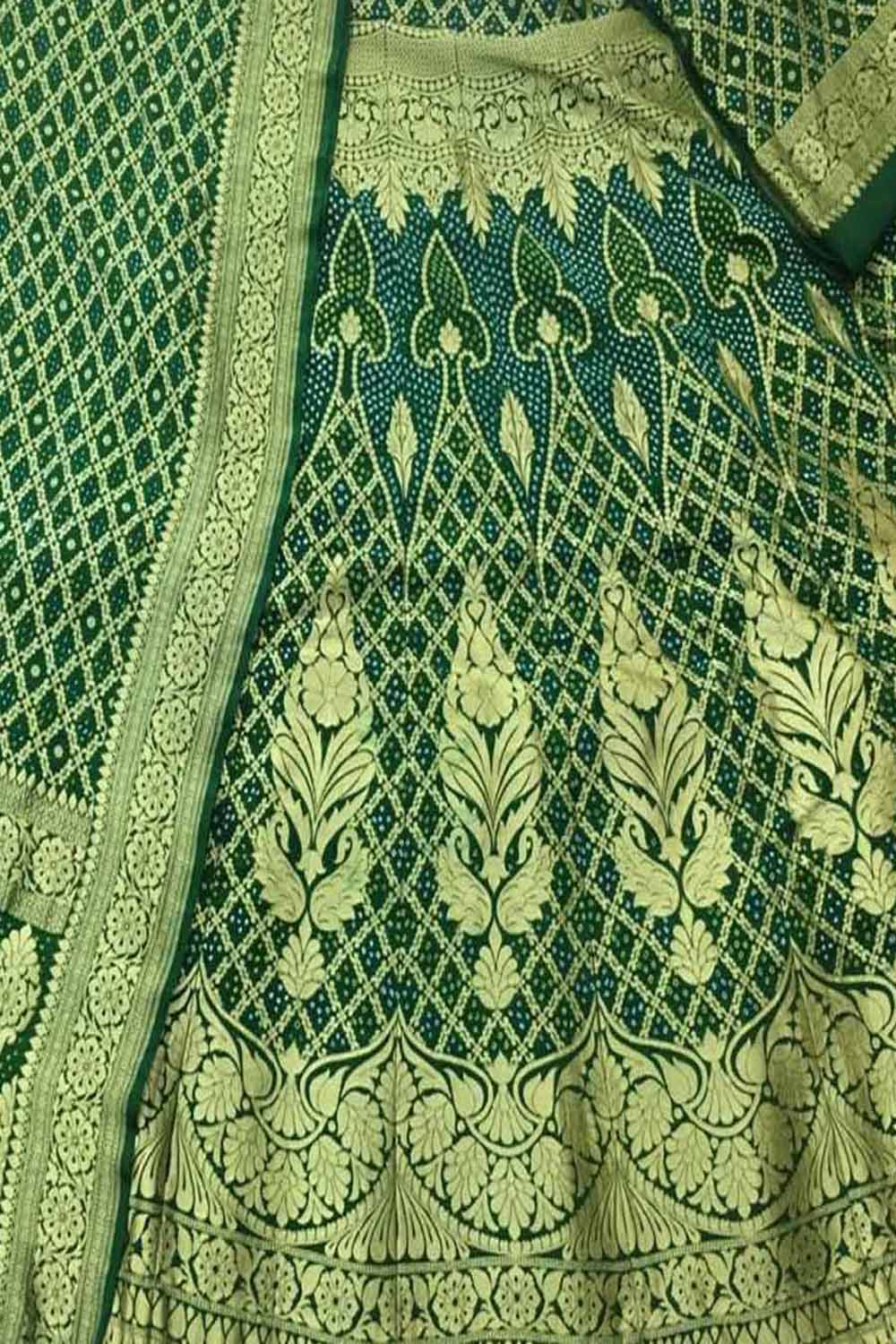 Green Banarasi Bandhani Pure Georgette Semi Stitched Lehenga - Luxurion World