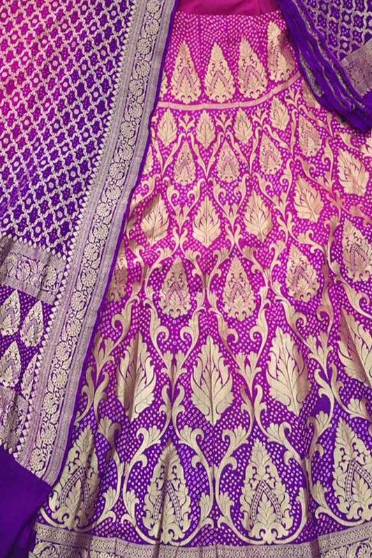 Pink And Purple Banarasi Bandhani Pure Georgette Semi Stitched Lehenga