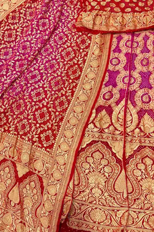 Stunning Pink & Red Banarasi Bandhani Lehenga Set