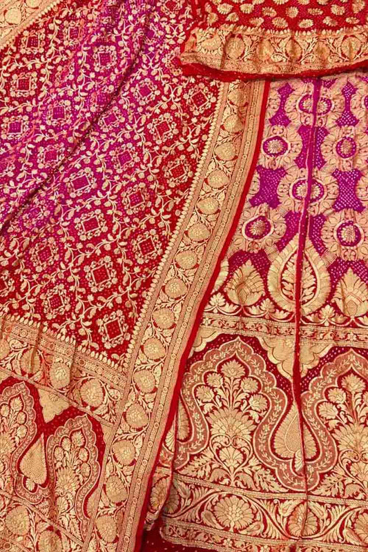 Stunning Pink & Red Banarasi Bandhani Lehenga Set - Luxurion World