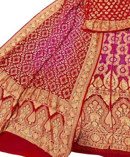 Stunning Pink & Red Banarasi Bandhani Lehenga Set - Luxurion World