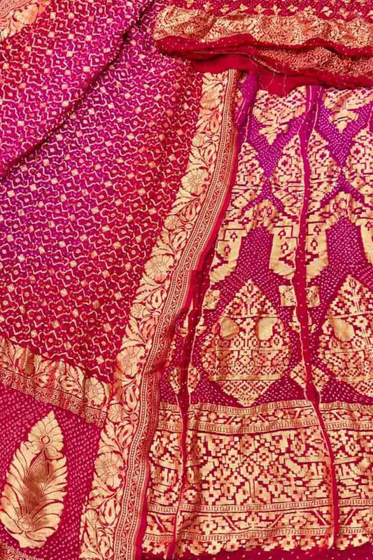 Red & Pink Banarasi Bandhani Georgette Lehenga