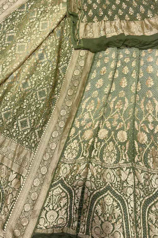Green Banarasi Bandhani Georgette Lehenga Set - Luxurion World