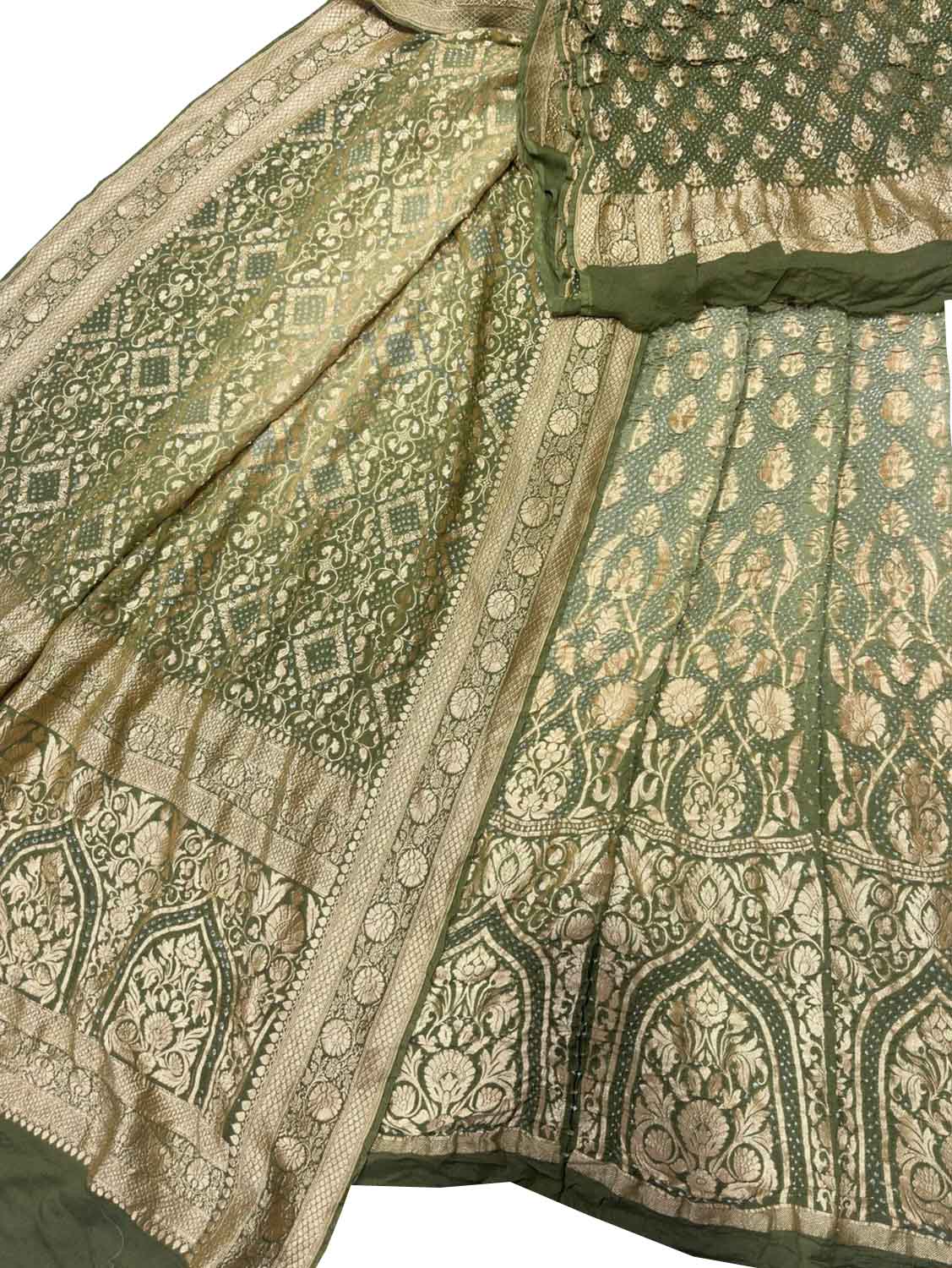 Green Banarasi Bandhani Georgette Lehenga Set - Luxurion World