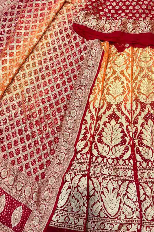 Orange & Red Banarasi Bandhani Georgette Lehenga - Luxurion World