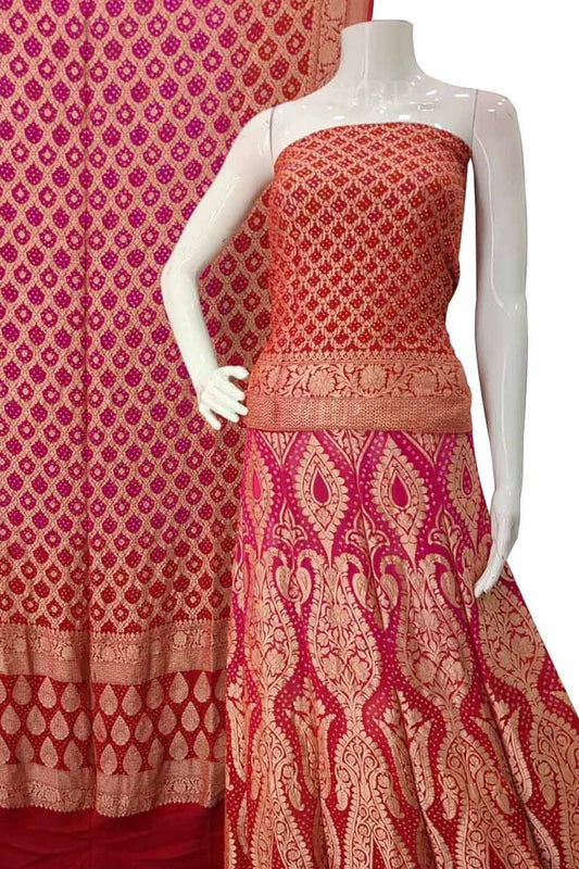 Pink And Red Banarasi Bandhani Pure Georgette Unstitched Lehenga Set