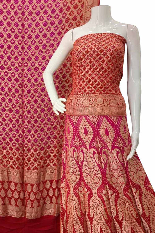 Pink And Red Banarasi Bandhani Pure Georgette Unstitched Lehenga Set - Luxurion World