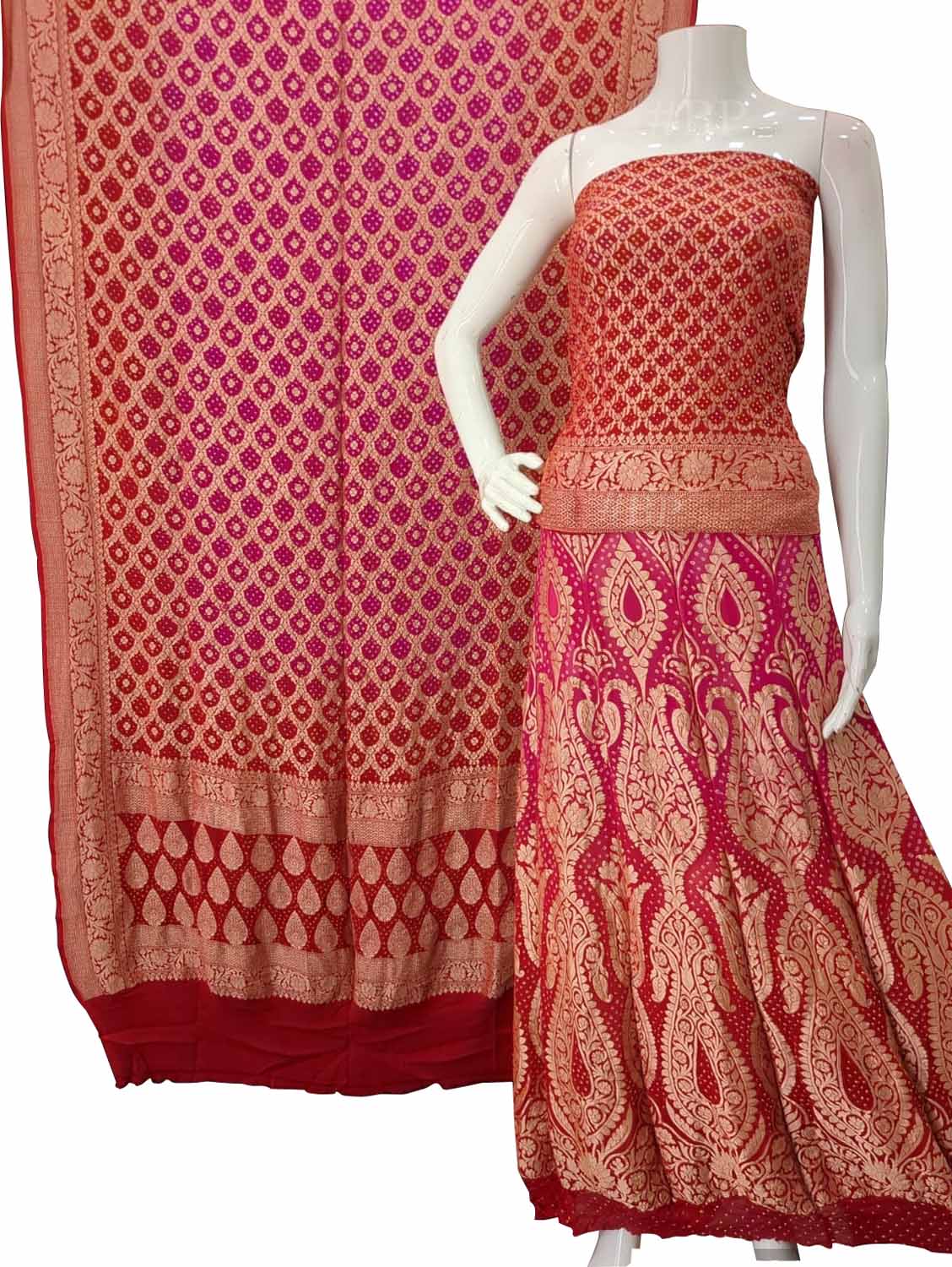 Pink And Red Banarasi Bandhani Pure Georgette Unstitched Lehenga Set - Luxurion World