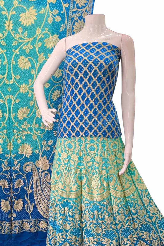 Blue Banarasi Bandhani Pure Georgette Unstitched Lehenga Set - Luxurion World