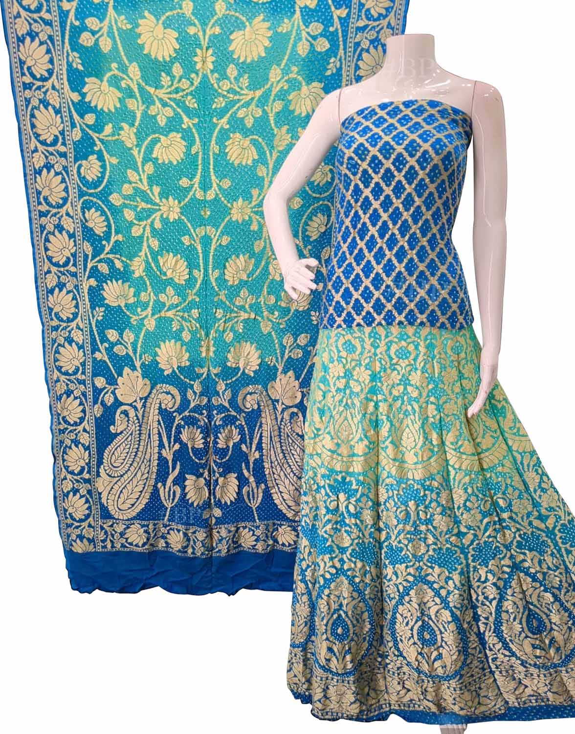 Blue Banarasi Bandhani Pure Georgette Unstitched Lehenga Set - Luxurion World