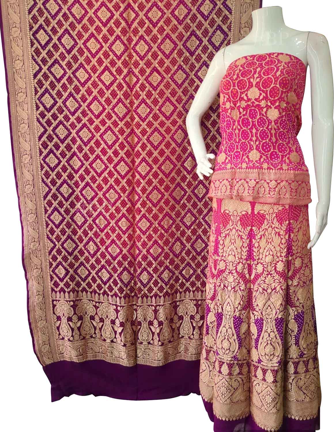 Pink And Purple Banarasi Bandhani Pure Georgette Unstitched Lehenga Set - Luxurion World