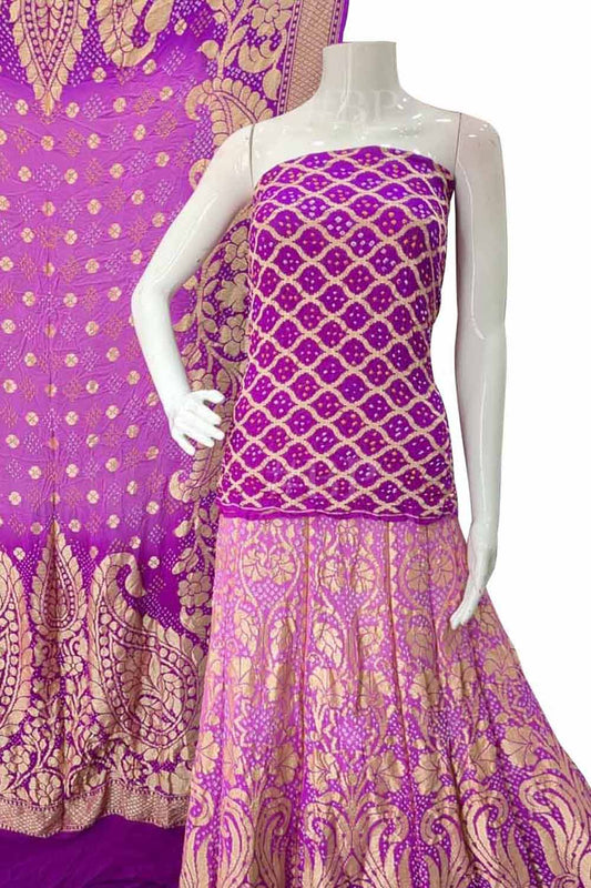 Purple Banarasi Bandhani Pure Georgette Unstitched Lehenga Set - Luxurion World