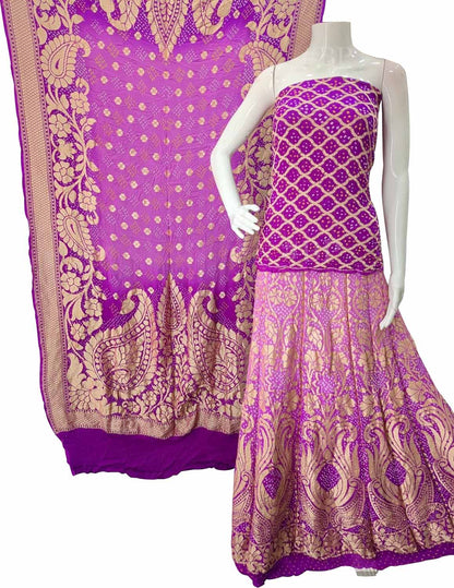 Purple Banarasi Bandhani Pure Georgette Unstitched Lehenga Set - Luxurion World