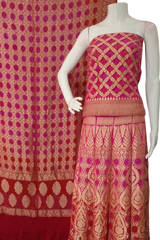 Pink And Red Banarasi Bandhani Pure Georgette Unstitched Lehenga Set - Luxurion World