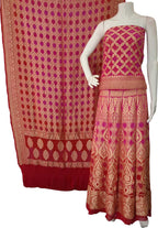 Pink And Red Banarasi Bandhani Pure Georgette Unstitched Lehenga Set - Luxurion World