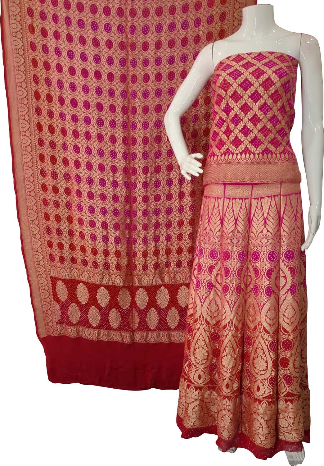 Pink And Red Banarasi Bandhani Pure Georgette Unstitched Lehenga Set - Luxurion World