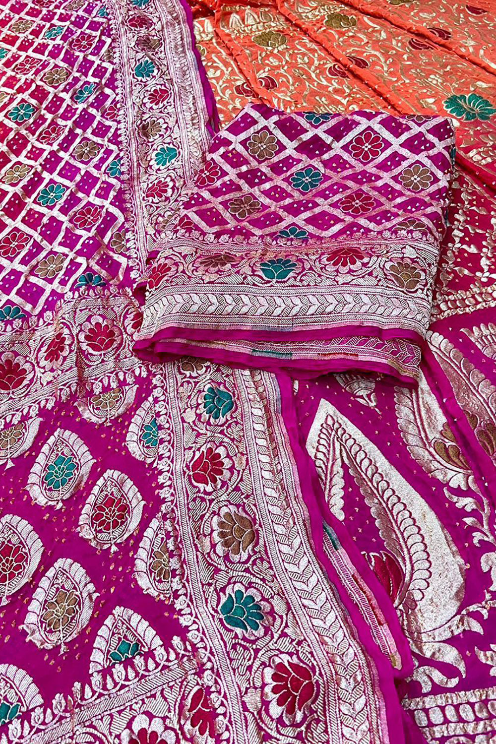 Multicolor Banarasi Bandhani Pure Georgette Unstitched Lehenga Set