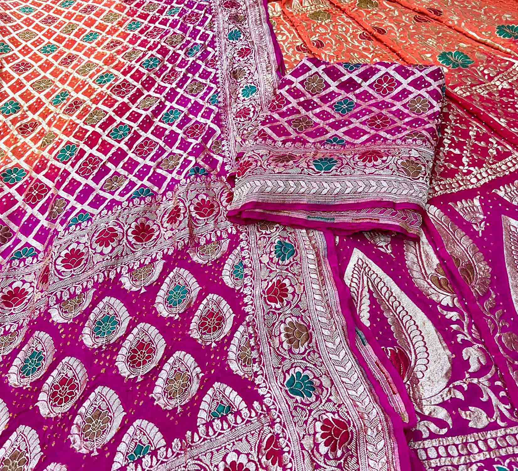 Multicolor Banarasi Bandhani Pure Georgette Unstitched Lehenga Set - Luxurion World