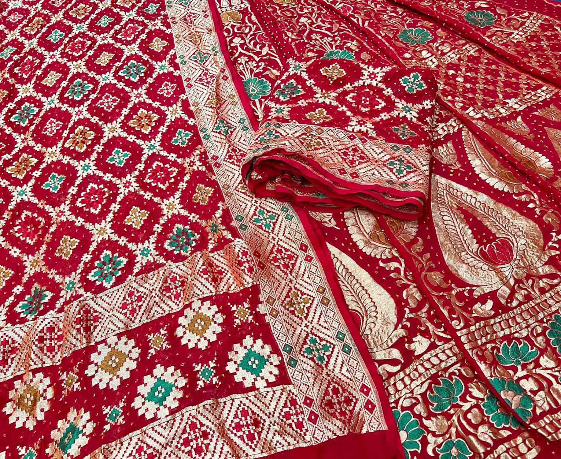 Red Banarasi Bandhani Pure Georgette Unstitched Lehenga Set - Luxurion World