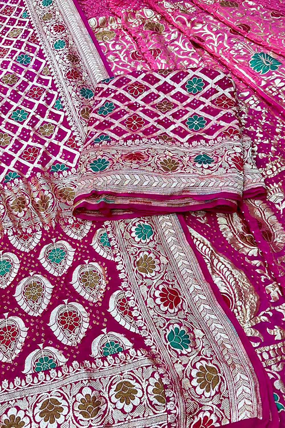 Pink Banarasi Bandhani Pure Georgette Unstitched Lehenga Set - Luxurion World