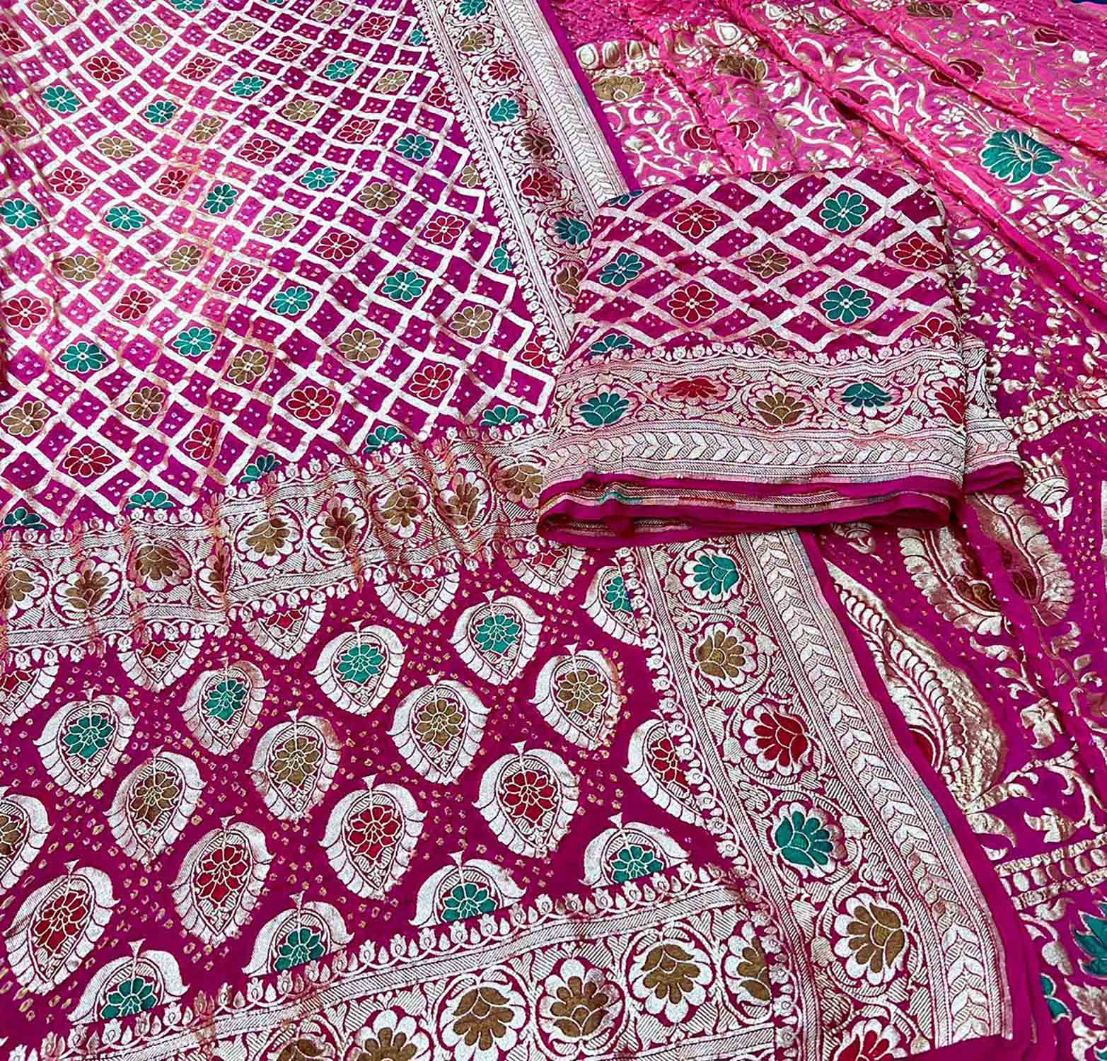 Pink Banarasi Bandhani Pure Georgette Unstitched Lehenga Set