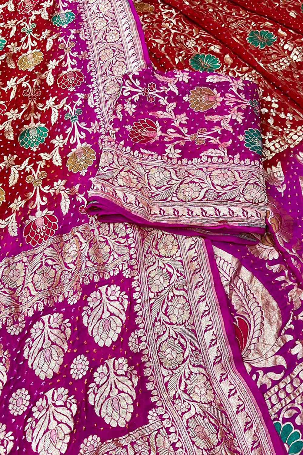 Pink Banarasi Bandhani Pure Georgette Unstitched Lehenga Set - Luxurion World