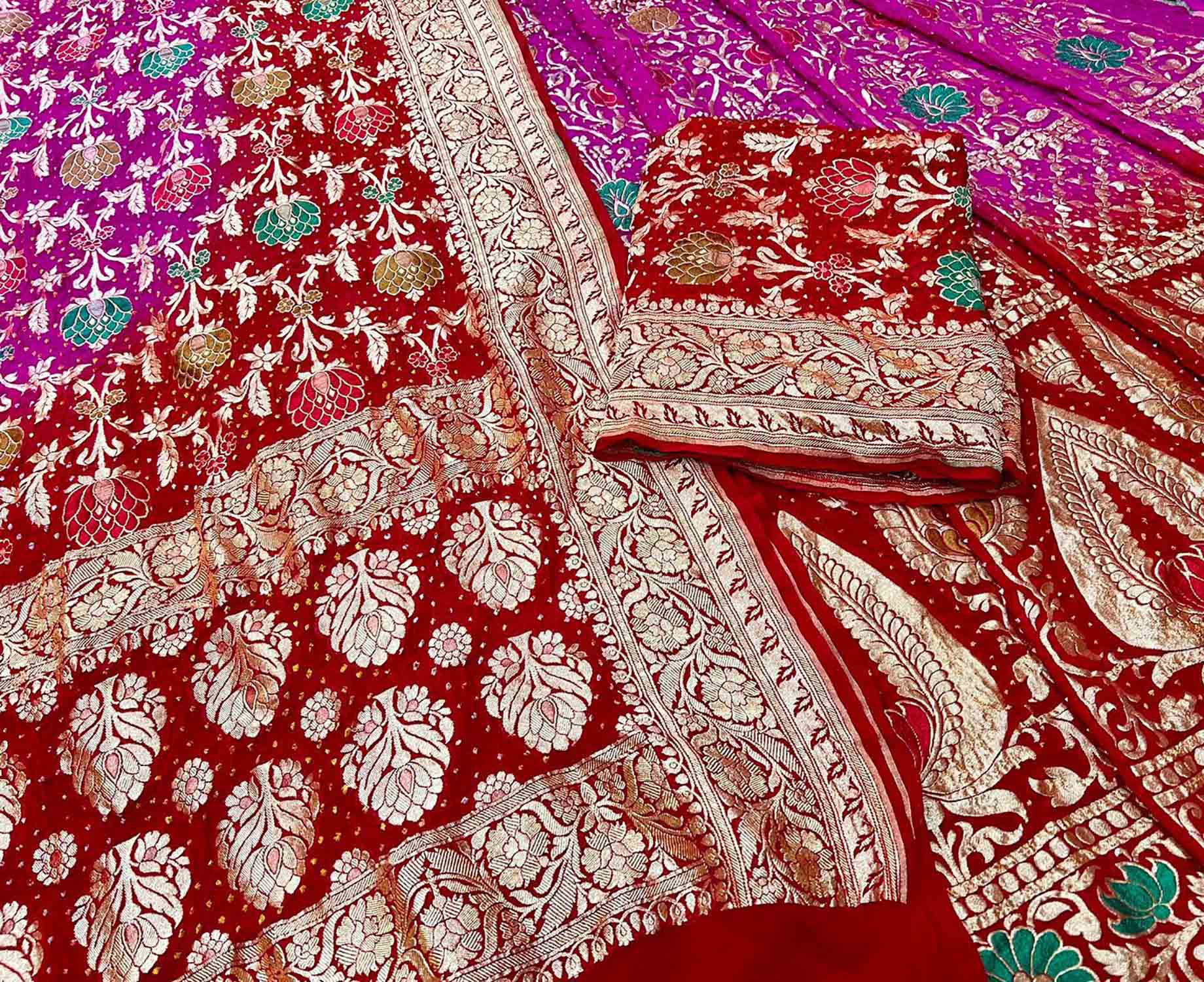 Pink And Red Banarasi Bandhani Pure Georgette Unstitched Lehenga Set - Luxurion World