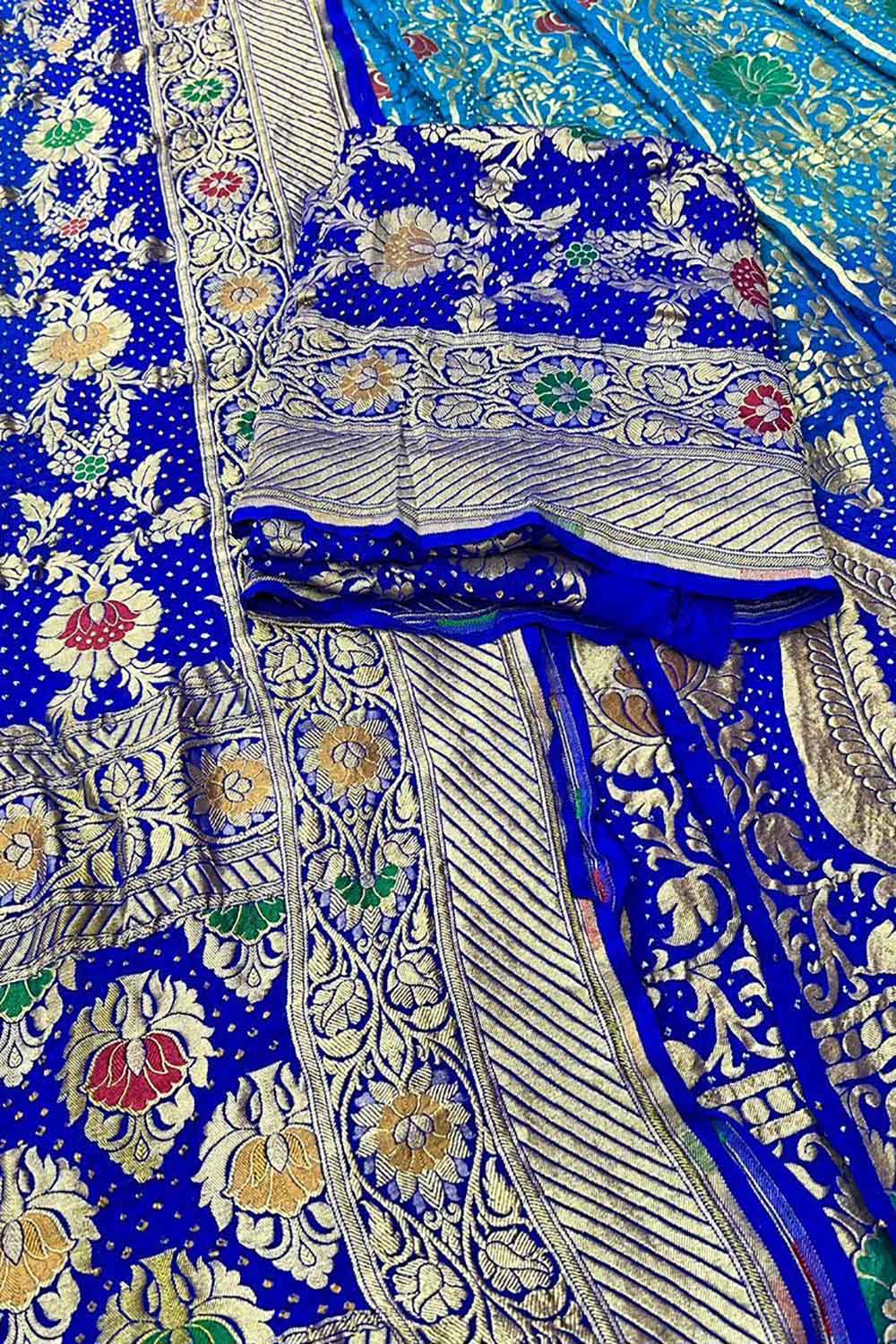 Blue Banarasi Bandhani Pure Georgette Unstitched Lehenga Set