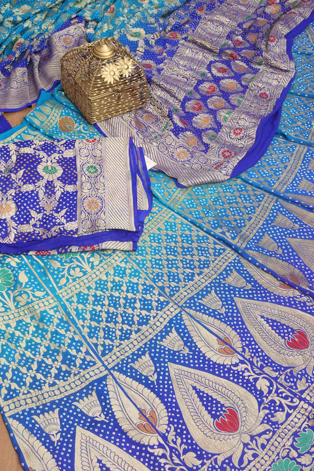 Blue Banarasi Bandhani Pure Georgette Meenakari Unstitched Lehenga Set - Luxurion World