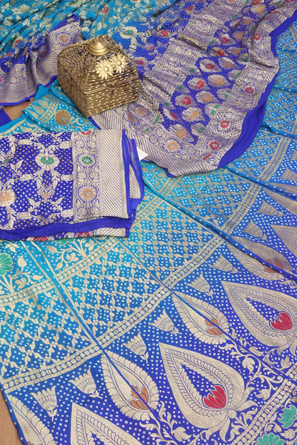 Blue Banarasi Bandhani Pure Georgette Meenakari Unstitched Lehenga Set - Luxurion World