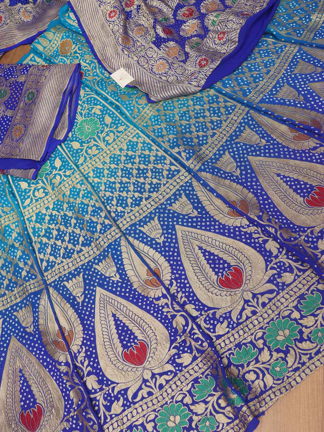 Blue Banarasi Bandhani Pure Georgette Meenakari Unstitched Lehenga Set - Luxurion World